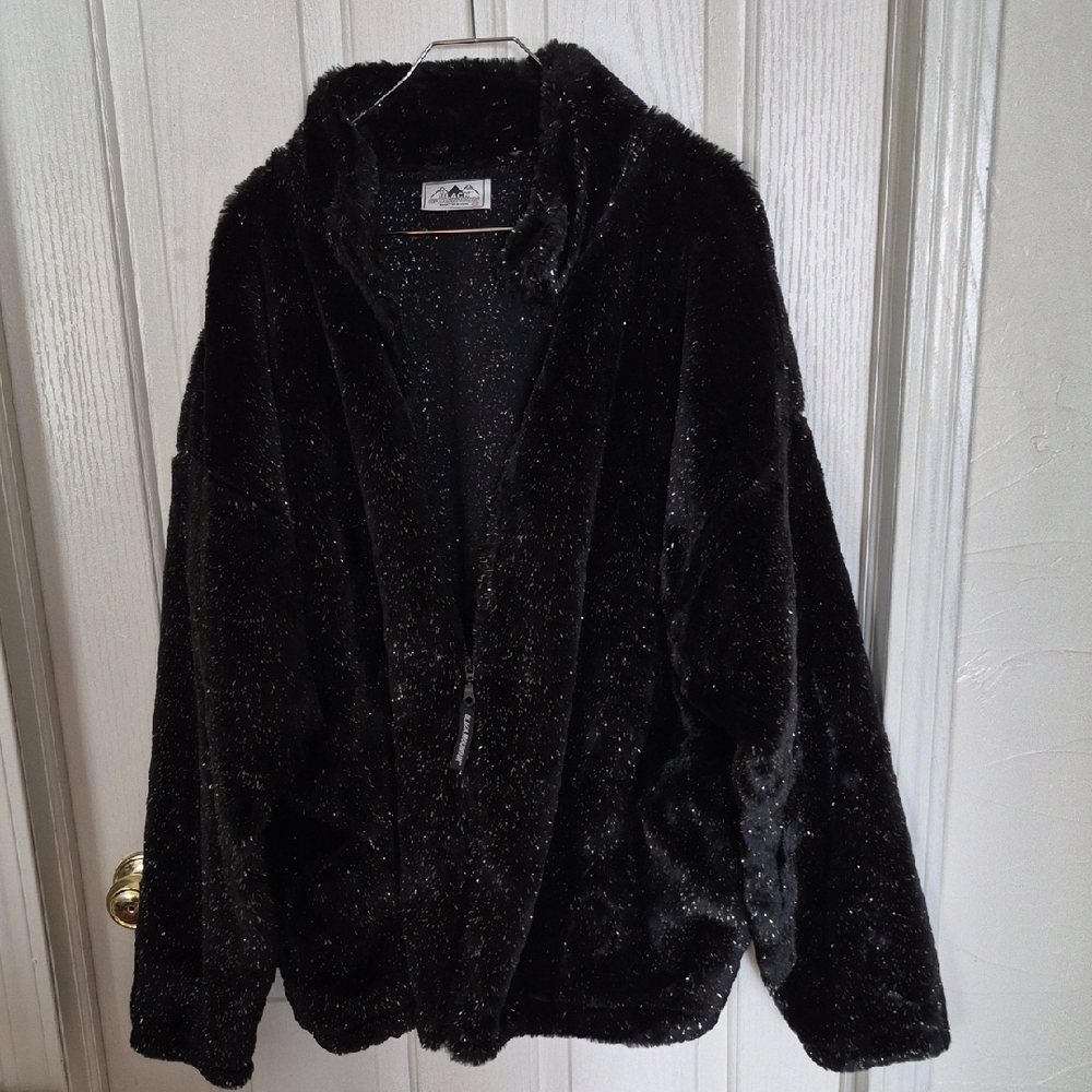 Women's Black/Silver Plush Faux-Fur Zip Jacket